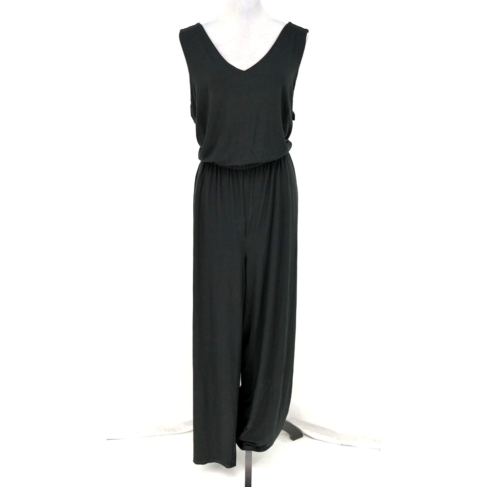 J Jill Wearever Jumpsuit Plus Size 2X Black Smocked Back Wide Leg Stretch Knit